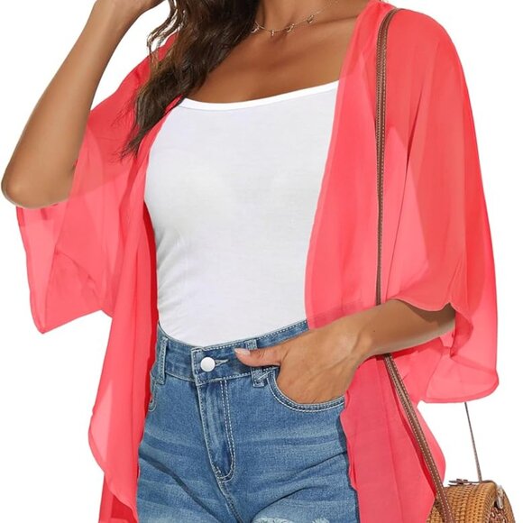 Womens Kimono Cardigans Beach Cover ups Swimwear Puff Sleeve Loose Casual Summer - Picture 4 of 6